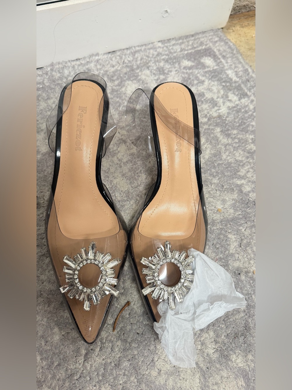 Embellished Clear Strap Nude Pointed-Toe Mules
